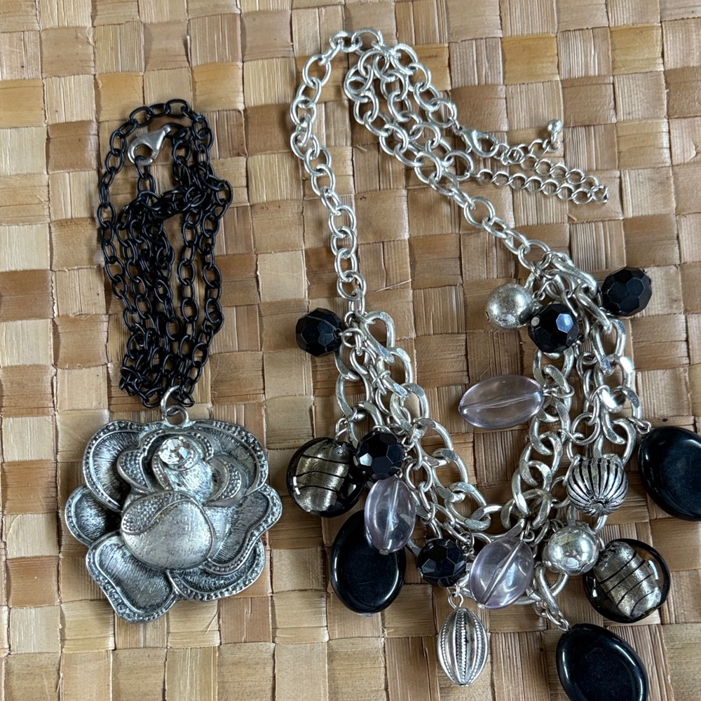 Silver and Black Statement Necklace and silver pendant necklace